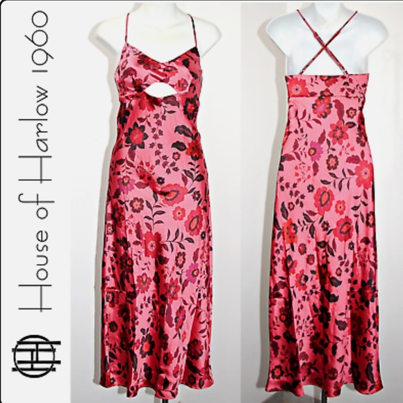 House of Harlow 1960 Luxury Smooth Satin Cut-Out Front Long Maxi Floral Print L - Picture 1 of 16